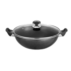 "Non-stick wok pan with glass lid – deep base and smooth surface"