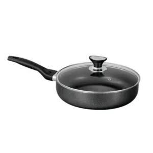 "Classic non-stick fry pan with glass lid and strong handle"