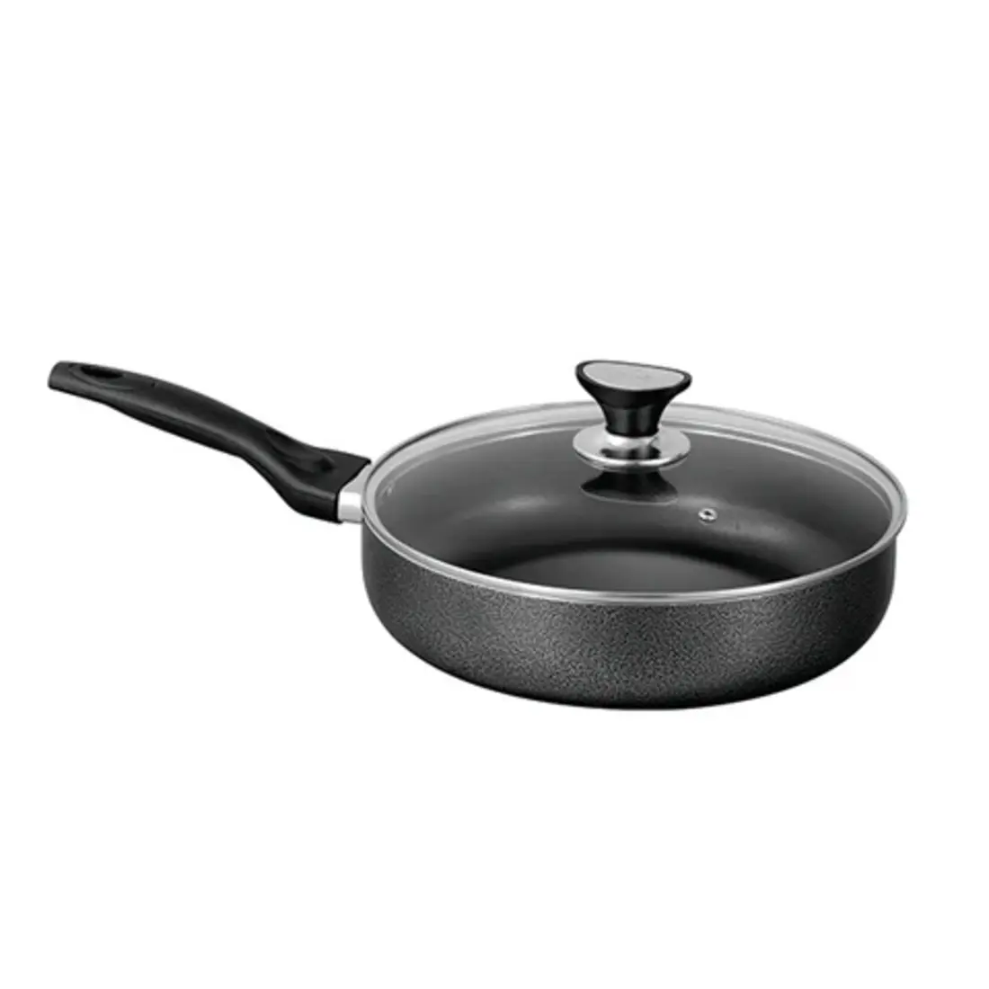 "Classic non-stick fry pan with glass lid and strong handle"