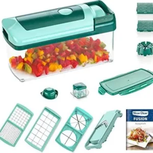 "Nicer Dicer Plus set with multiple blades and vegetable container"