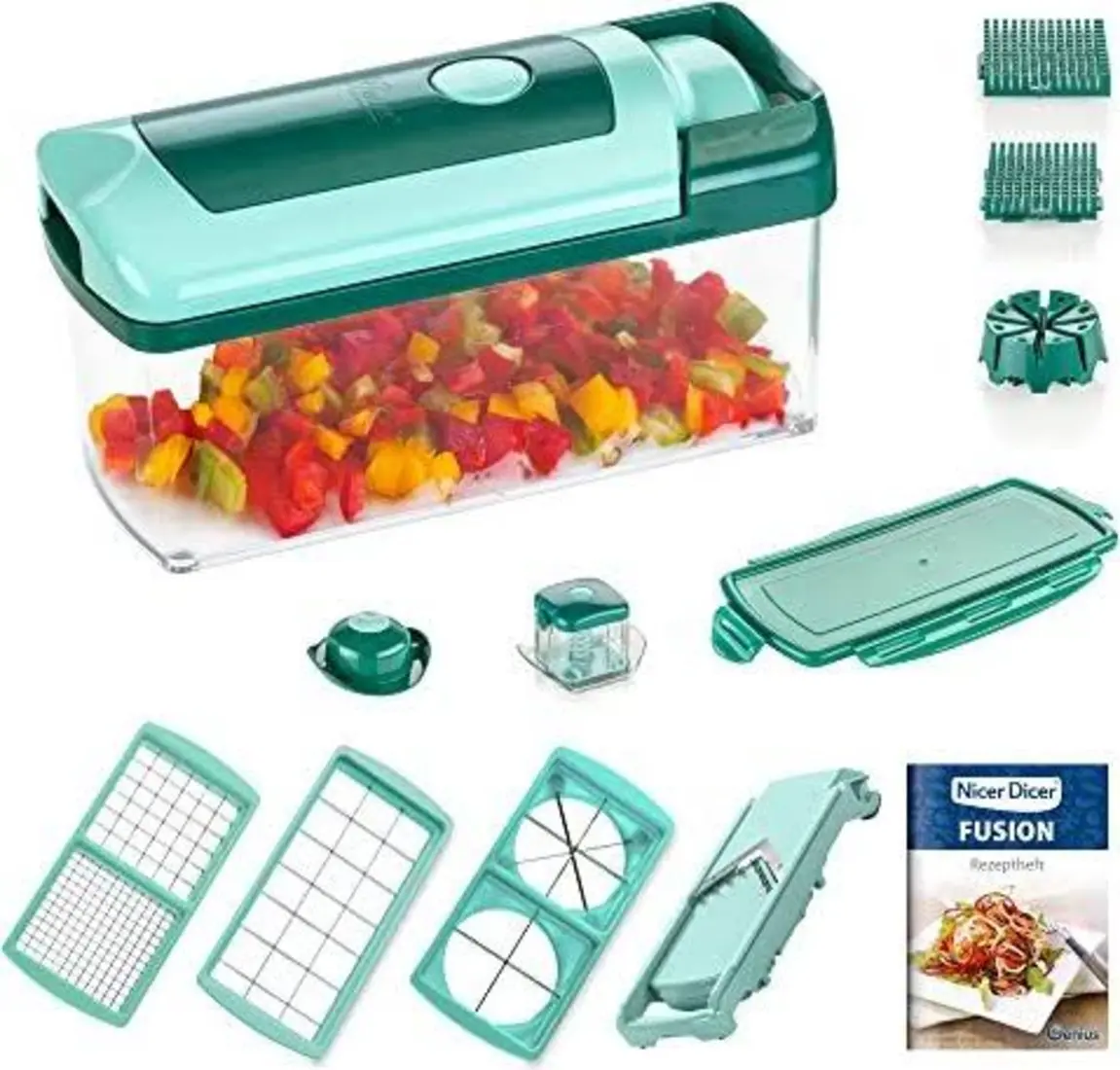 "Nicer Dicer Plus set with multiple blades and vegetable container"