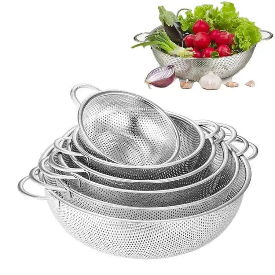 "Perforated steel basket with double handles – straining and washing"
