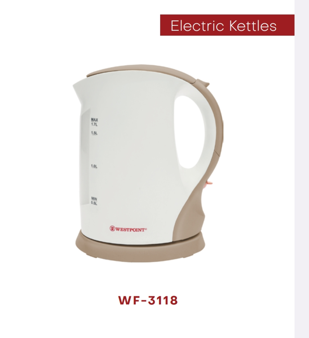 Westpoint WF-3118 electric kettle with 1.7L capacity and plastic outer shell"