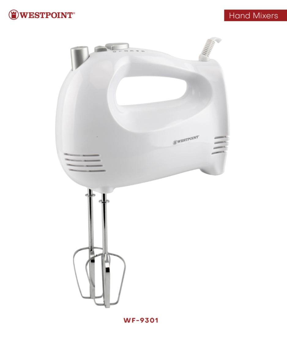 "Westpoint WF-9301 hand mixer with 5-speed settings, beaters and dough hooks"