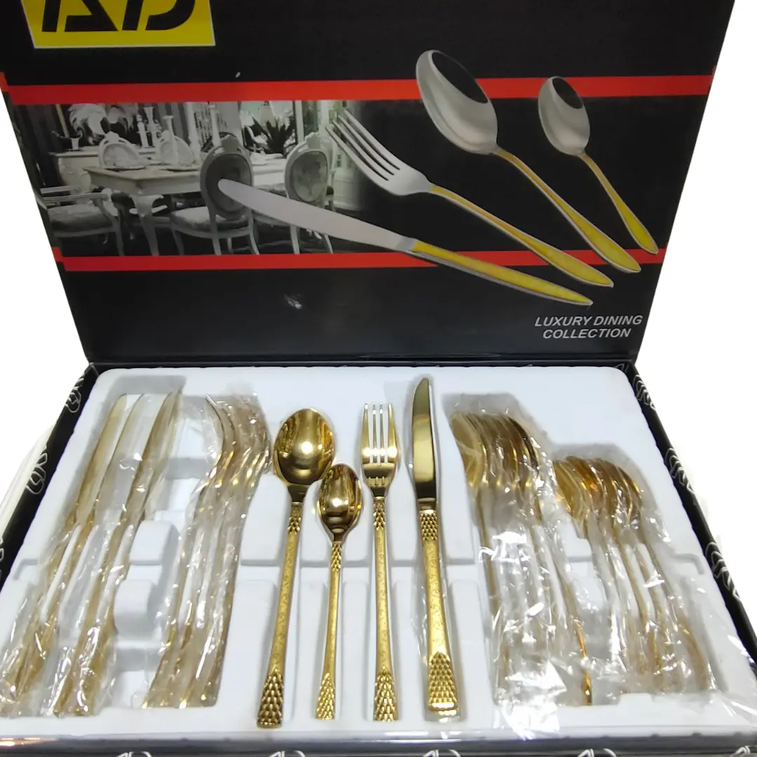 20250823_121910_0000 24-piece golden cutlery set with laser print and long spoons in gift packing