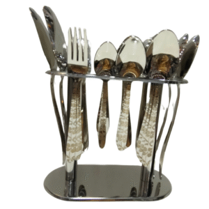 29 Piece Stainless Steel Cutlery Set with Laser Gold Flower Design and Stand – 14G