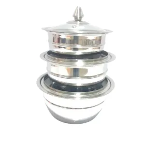 Stainless Steel 3 Piece Donga Set with Glass Covers – Crystal Crockery