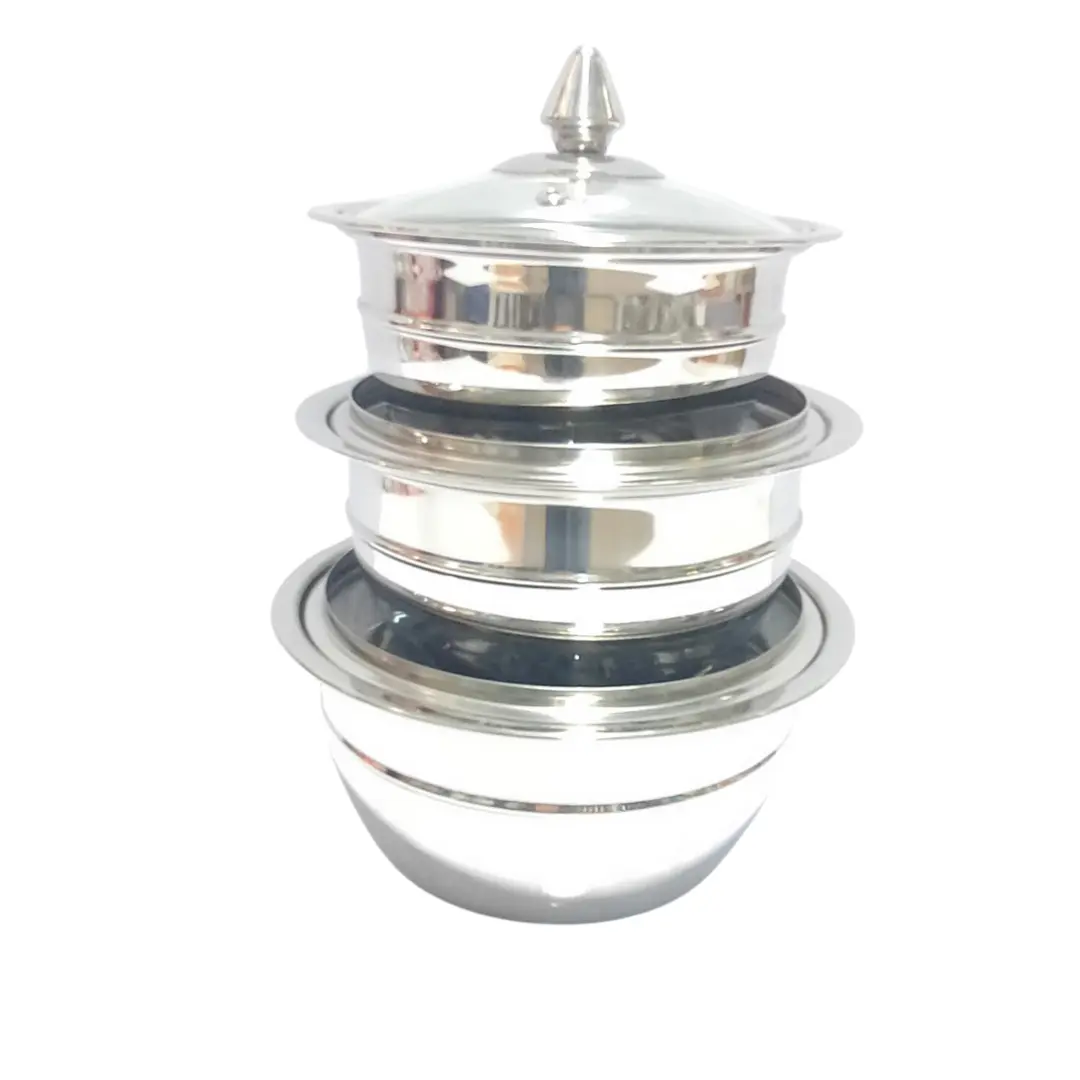 Stainless Steel 3 Piece Donga Set with Glass Covers – Crystal Crockery