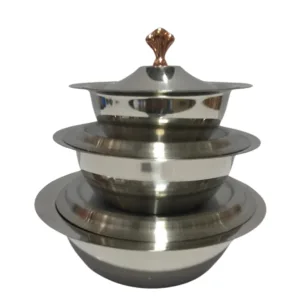 Golden Knob Stainless Steel Donga Set – 3 Piece Heavy Gauge 14G Serving Bowls with Lids