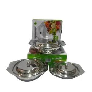 Pearl Stainless Steel Donga Set – 3 Piece Heavy Gauge Serving Bowls with Lids
