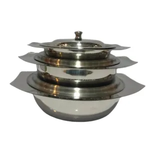 Pearl Stainless Steel Donga Set – 3 Piece Heavy Gauge Serving Bowls with Lids