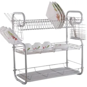 Stainless Steel 3 Khana Bartan Rack with Plastic Water Tray