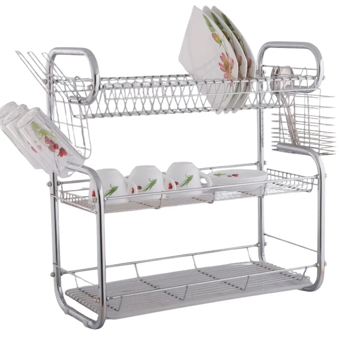 Stainless Steel 3 Khana Bartan Rack with Plastic Water Tray