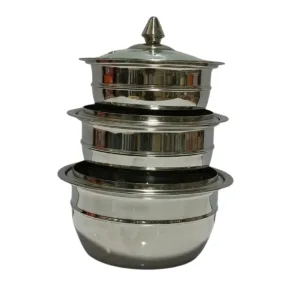 Stainless Steel 3 Piece Donga Set with Glass Covers – Crystal Crockery