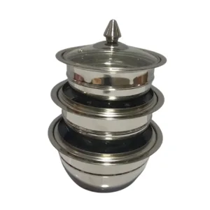 Stainless Steel 3 Piece Donga Set with Glass Covers – Crystal Crockery