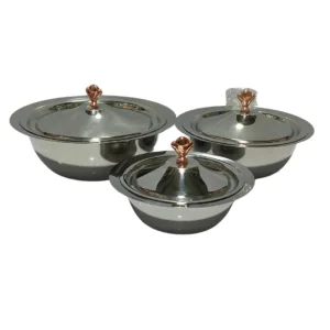 Golden Knob Stainless Steel Donga Set – 3 Piece Heavy Gauge 14G Serving Bowls with Lids